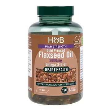 Holland & Barrett Wegański olej lniany o wysokiej mocy z potrójnymi kwasami Omega 3-6-9 120 kapsułek Flaxseed