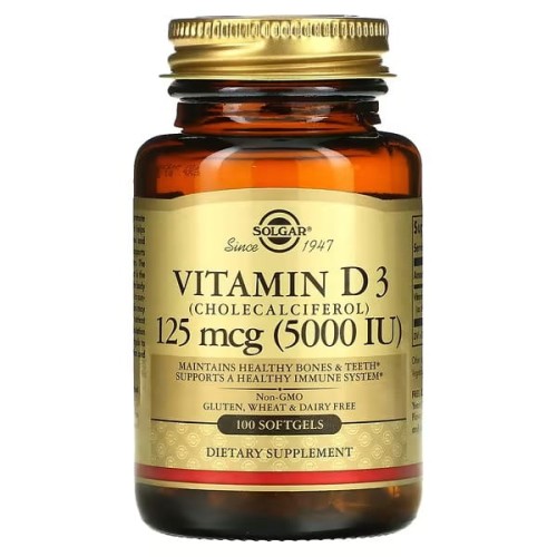 Solgar, Witamina D3 (cholekalcyferol), 125 mcg (5000 j.m.), 100