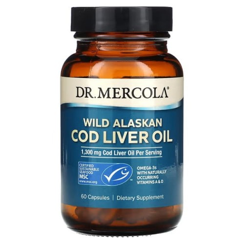 Dr. Mercola, Olej z wątroby dorsza z dzikiej Alaski, 1300 mg, 60 kapsułek (650 mg na kapsułkę) Cod liver