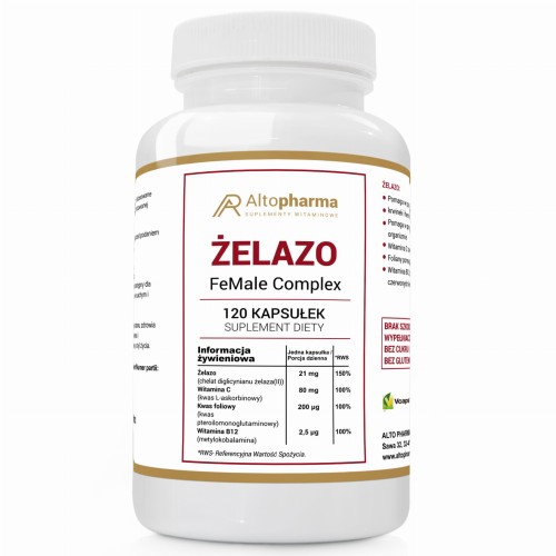 Altopharma ŻELAZO FeMale COMPLEX: CHELAT DIGLICYNIANU ŻELAZA(II) PRODUKT WEGE 120 kapsułek